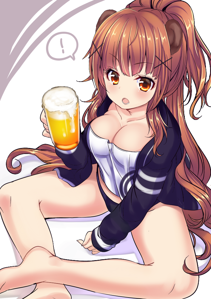 ! &gt;:o 1girl :o animal_ears bangs bear bear_ears beer_mug between_legs black_panties blush breasts brown_eyes brown_hair collarbone cup eyebrows_visible_through_hair hair_ornament hand_between_legs haruta_(806060) holding holding_cup indian_style jacket large_breasts long_hair looking_at_viewer mug open_clothes open_jacket open_mouth original panties personification ponytail sitting solo spoken_exclamation_mark teeth thighs underwear very_long_hair wavy_hair x_hair_ornament