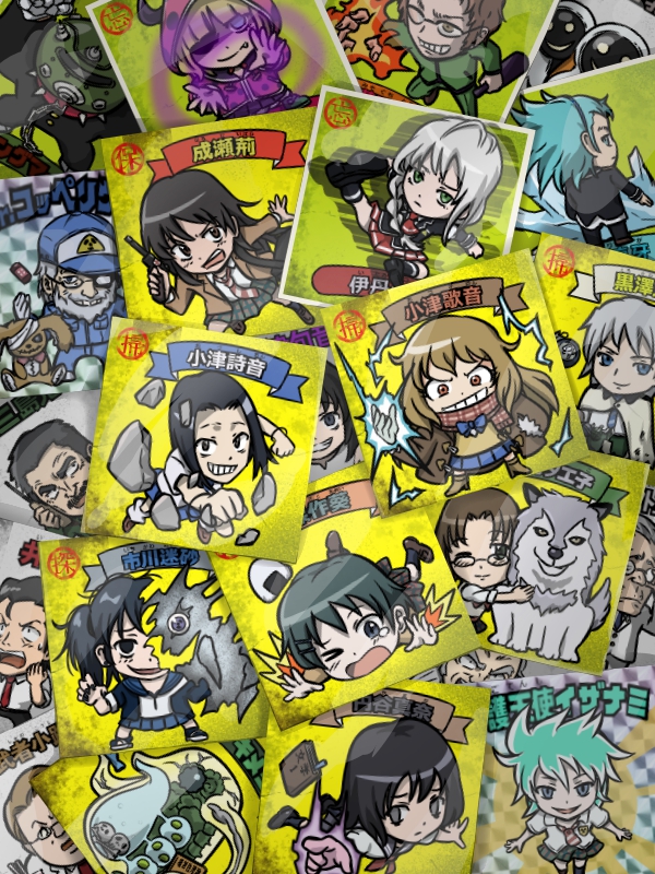 6+boys 6+girls beard black_hair blonde_hair blue_eyes blue_hair book bottle bow bowtie braid brown_eyes brown_hair card card_(medium) character_name chibi chimera_(coppelion) coat coppelion dr_coppelius electricity everyone facial_hair fang fire food fukasaku_aoi glasses green_eyes grey_hair grin gun hood hoodie ibuse ichikawa_meisa ingmar itami_setsuna kurosawa_haruto long_hair m_o_(prftz) miniskirt mishima_onihei mizoguchi_ryouga mizoguchi_touma monster multiple_boys multiple_girls mushanokouji mustache naruse_ibara natsume_hachirou necktie nomura_taeko onigiri ougai_masamune ozu_kanon ozu_shion plaid plaid_skirt pleated_skirt rock school_uniform silver_hair skirt smile striped striped_necktie stuffed_animal stuffed_bunny stuffed_toy tripping tsuburaya_mana visor_cap weapon yamada_kiara