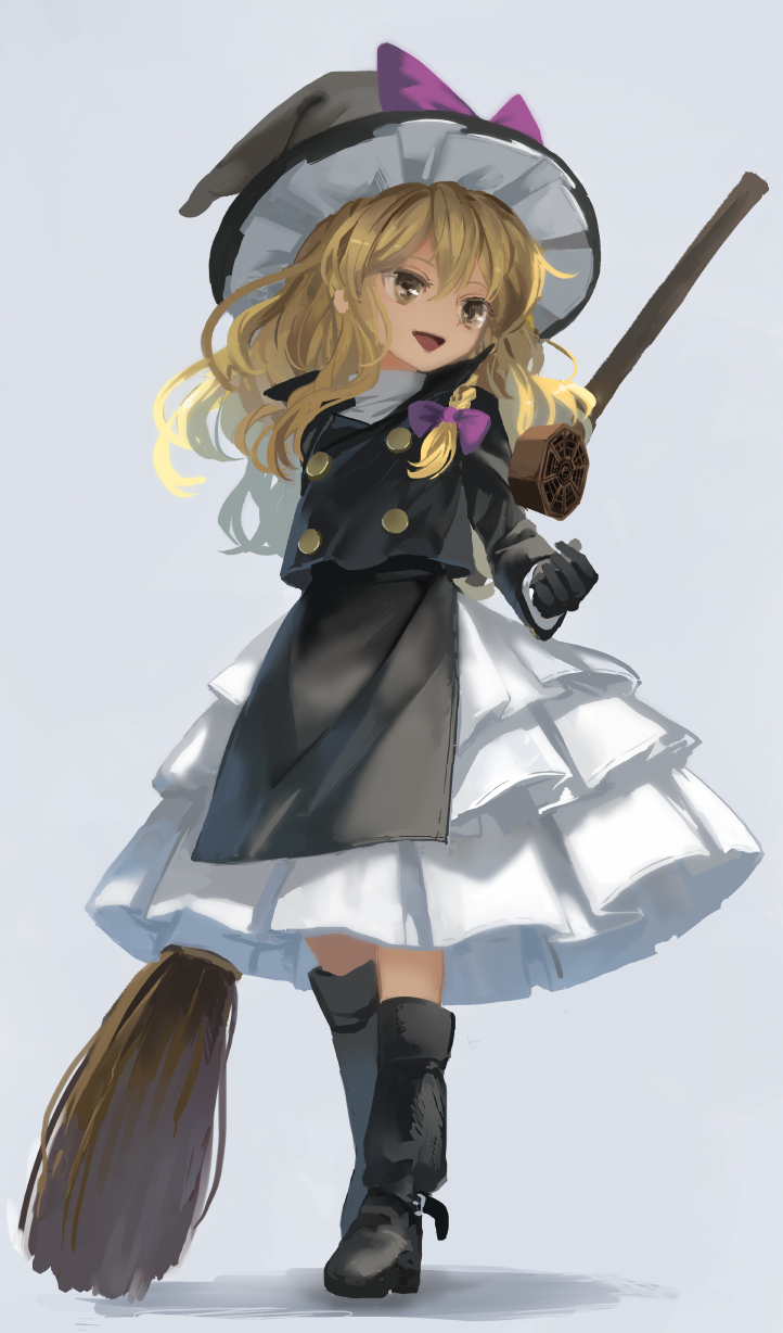 1girl arm_behind_back black_boots black_gloves blonde_hair boots bow braid broom commentary forbidden_scrollery frilled_skirt frills full_body gloves hair_bow hat hat_bow highres holding holding_broom kirisame_marisa long_hair mini-hakkero open_mouth petticoat purple_bow simple_background single_braid skirt solo suna_(s73d) touhou trench_coat trigram witch_hat yellow_eyes yin_yang