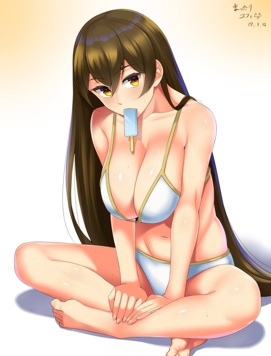 1girl alternate_costume barefoot bikini blush breasts brown_eyes brown_hair cleavage dated eyebrows_visible_through_hair fate/grand_order fate_(series) feet food highres indian_style large_breasts long_hair looking_at_viewer mattari_yufi popsicle signature sitting solo swimsuit xuanzang_(fate/grand_order)