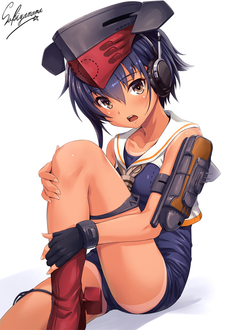 1girl :o artist_name ass asymmetrical_hair bangs bare_shoulders black_gloves blue_hair blue_swimsuit blush boots breasts brown_eyes brown_neckerchief cannon collarbone crop_top dark_skin eyebrows_visible_through_hair fingernails framed_breasts gloves hands_on_own_leg hat head_tilt headset i-14_(kantai_collection) kantai_collection knee_boots knee_up looking_at_viewer machinery neckerchief one-piece_swimsuit one-piece_tan open_mouth partly_fingerless_gloves red_boots sailor_collar sakiyamama school_swimsuit short_hair side_ponytail simple_background single_glove sleeveless small_breasts solo swimsuit tan tanline thigh_strap thighs turret white_background
