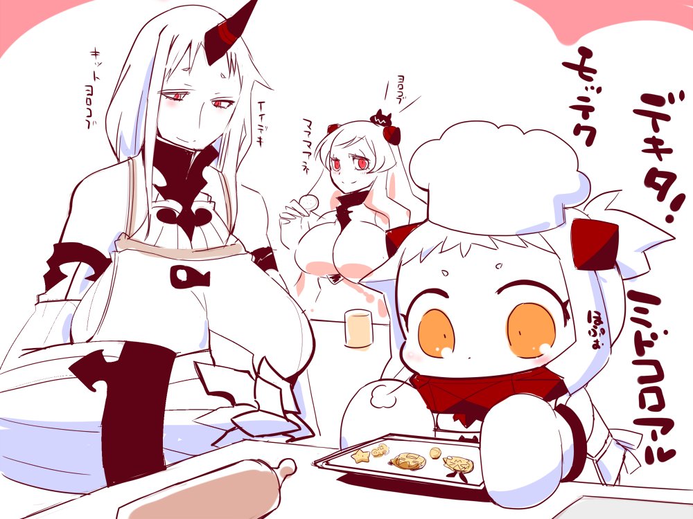 &gt;_&lt; 3girls :3 =_= anchor animal_ears apron baking_sheet breasts chef_hat claws closed_eyes comic commentary_request cookie detached_sleeves enemy_aircraft_(kantai_collection) food hair_up hat horn horns kantai_collection large_breasts long_hair long_sleeves midway_hime mittens multiple_girls northern_ocean_hime open_mouth orange_eyes rabbit_ears red_eyes rolling_pin sako_(bosscoffee) seaport_hime shimakaze_(kantai_collection) shinkaisei-kan short_hair sidelocks sitting sitting_on_head sitting_on_person smile star translation_request visible_air wide_sleeves x3 yukikaze_(kantai_collection)