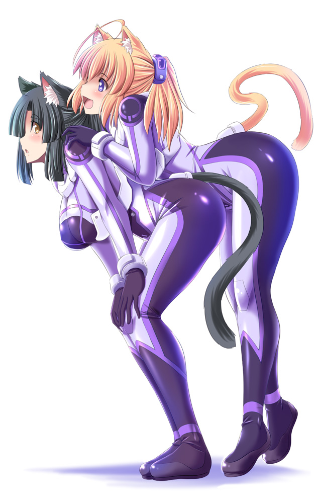 2girls :d :o ahoge animal_ears bangs bent_over black_hair blonde_hair blue_gloves blush breasts brown_eyes cat_ears cat_tail eyebrows_visible_through_hair from_side full_body gloves hair_ornament hands_on_another's_shoulders hands_on_own_knees hanging_breasts large_breasts long_hair looking_afar looking_at_viewer looking_to_the_side multiple_girls open_mouth original ponytail shiny shiny_clothes sidelocks simple_background skin_tight smile standing tail tareme tonpuu violet_eyes white_background