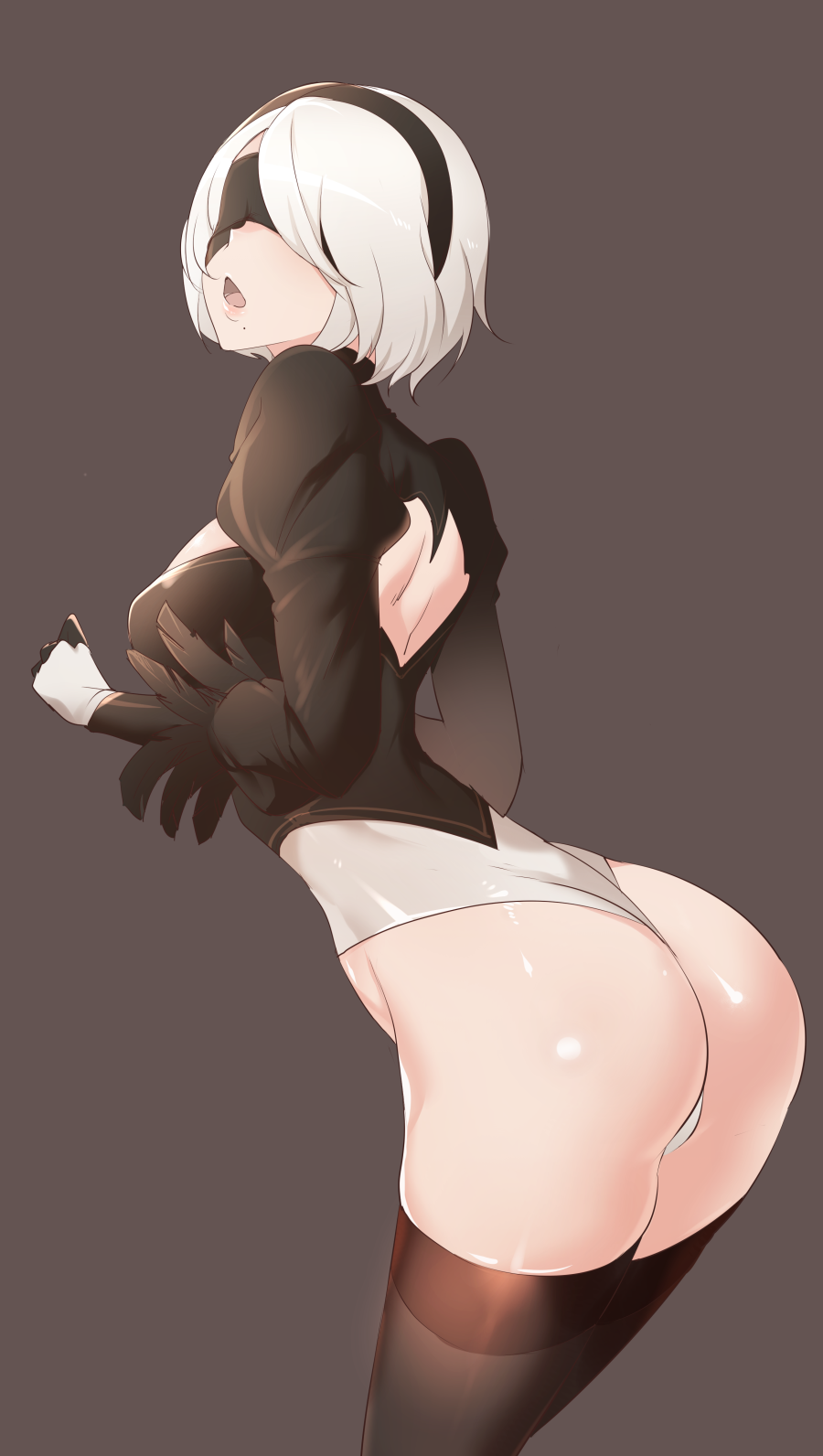 1girl ass bent_over blindfold breasts brown_background cleavage dress hairband highres leotard mole mole_under_mouth nier_(series) nier_automata open-back_dress open_mouth pocari_sweat_(artist) short_hair simple_background skindentation solo thighs white_hair white_leotard yorha_no._2_type_b