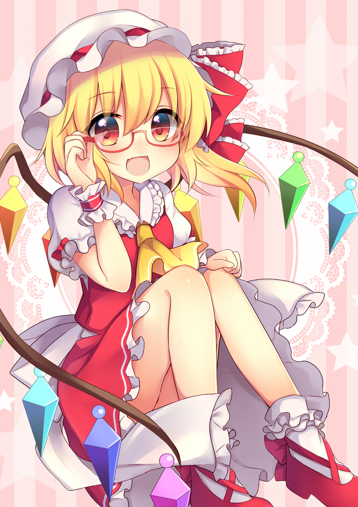 1girl :d adjusting_glasses ascot bangs bespectacled blonde_hair blush bobby_socks crystal fang flandre_scarlet frilled_shirt_collar frilled_skirt frills glasses hat hat_ribbon knees_up looking_at_viewer mary_janes mob_cap open_mouth puffy_short_sleeves puffy_sleeves red-framed_eyewear red_eyes red_ribbon red_skirt red_vest ribbon ruhika semi-rimless_glasses shoes short_sleeves side_ponytail sitting skirt skirt_set smile socks solo touhou under-rim_glasses vest white_legwear wings wrist_cuffs