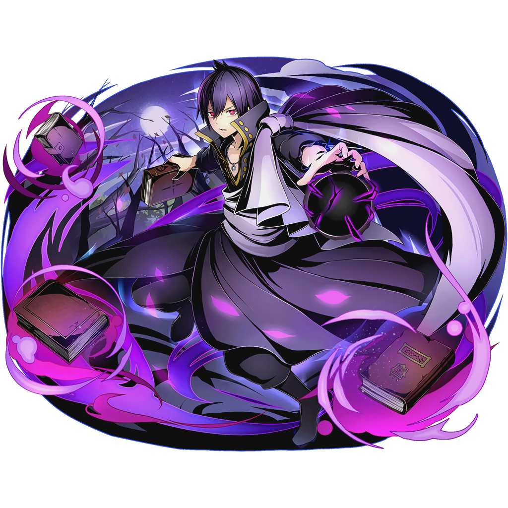 1boy black_boots book boots divine_gate fairy_tail full_body full_moon holding holding_book jewelry looking_at_viewer magic moon necklace night official_art purple_hair red_eyes short_hair solo transparent_background ucmm zeref