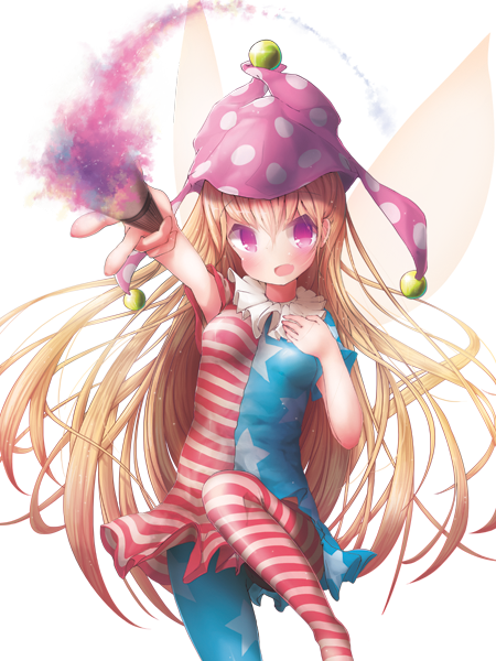 1girl akisha american_flag_dress american_flag_legwear bangs blonde_hair breasts clownpiece dress fairy_wings fire hat jester_cap long_hair looking_at_viewer neck_ruff open_mouth pantyhose pink_eyes polka_dot short_dress short_sleeves simple_background small_breasts smile solo star star_print striped torch touhou very_long_hair white_background wings