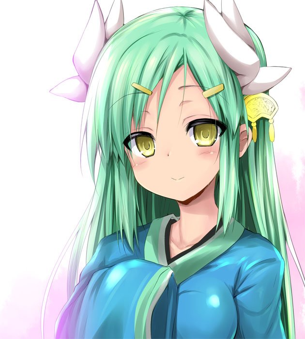 1girl aqua_hair blush breasts fate/grand_order fate_(series) hair_ornament hairclip horns japanese_clothes kimono kiyohime_(fate/grand_order) long_hair looking_at_viewer sen_(astronomy) sleeves_past_wrists smile solo yellow_eyes
