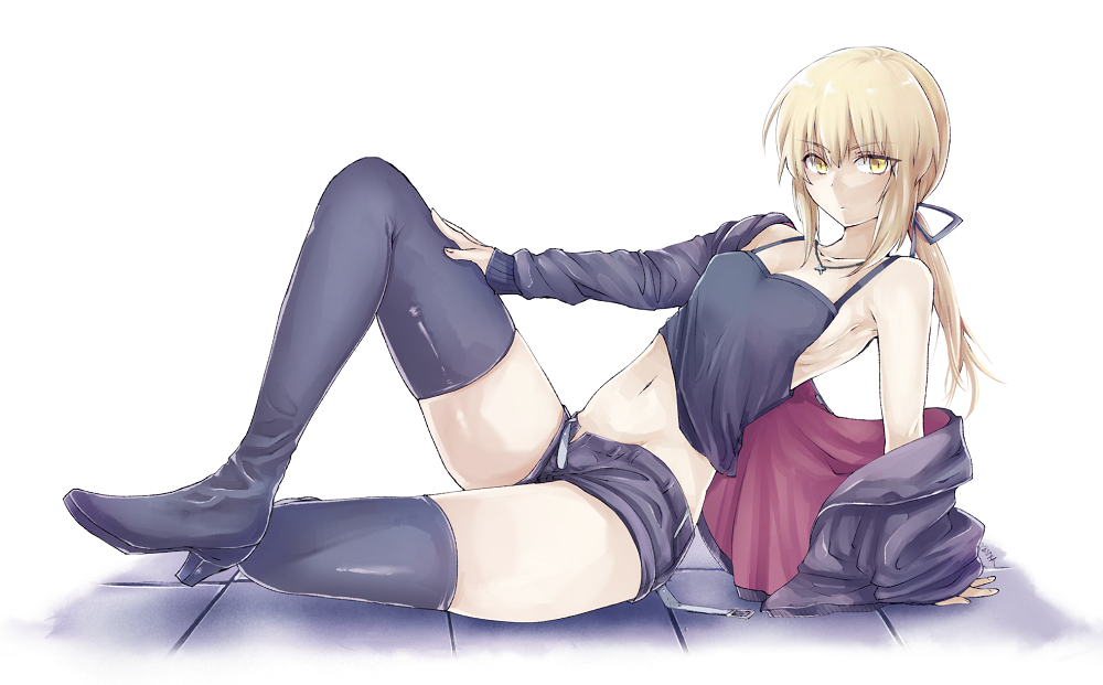 1girl arm_support bangs black_boots black_legwear black_shorts blonde_hair blue_ribbon boots breasts camisole closed_mouth eyebrows_visible_through_hair fate/stay_night fate_(series) full_body hair_between_eyes hair_ribbon high_heel_boots high_heels hood hoodie long_hair looking_at_viewer medium_breasts navel nekoperon open_clothes open_hoodie ponytail ribbon saber saber_alter short_shorts shorts sidelocks sitting solo thigh-highs thighs tile_floor tiles yellow_eyes