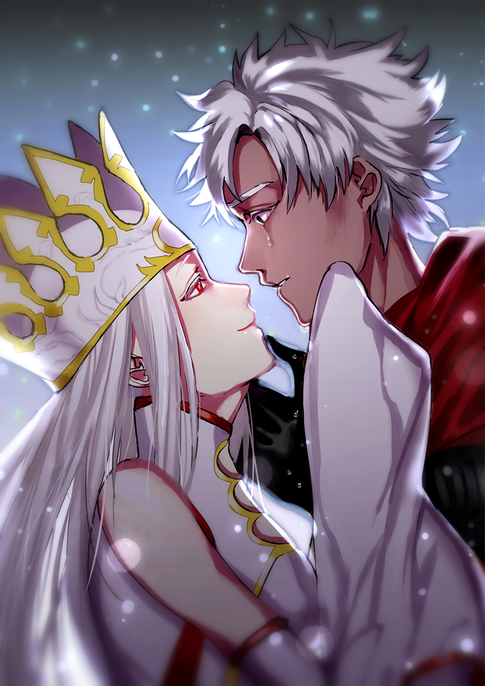 1boy 1girl bare_shoulders black_eyes commentary_request crown crying crying_with_eyes_open dark_skin detached_sleeves dress_of_heaven emiya_kiritsugu emiya_kiritsugu_(assassin) eye_contact fate/grand_order fate_(series) finger_to_another's_chin from_side husband_and_wife irisviel_von_einzbern irisviel_von_einzbern_(caster) karuha_(kokuyouboys) long_hair looking_at_another red_eyes tears white_hair wide_sleeves