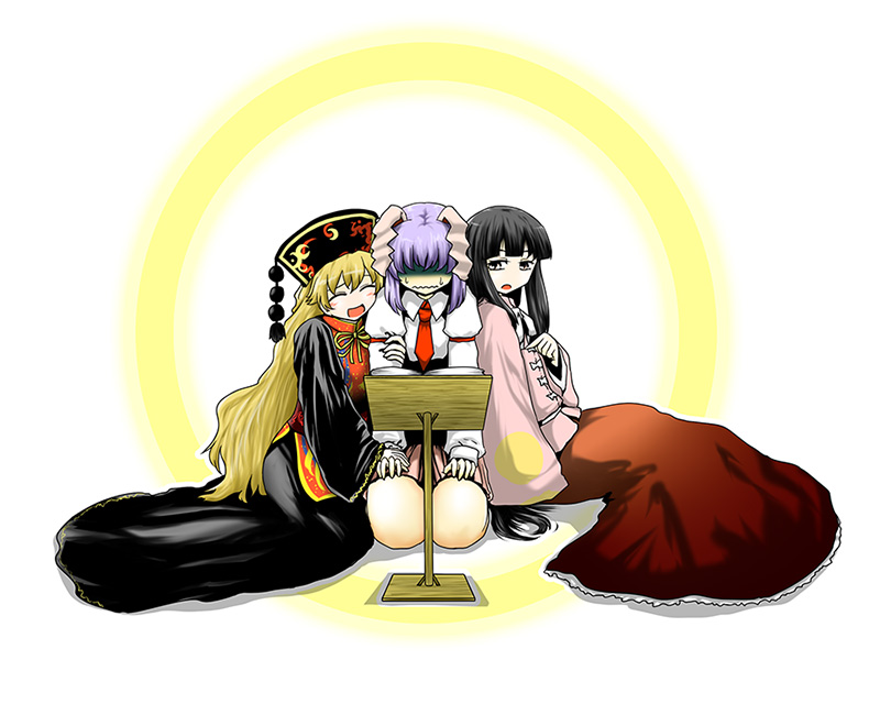 3girls animal_ears black_dress black_hair black_hat blonde_hair book book_stand chinese_clothes closed_eyes commentary_request crescent_moon_symbol dress drooping hand_on_another's_hand hand_on_another's_head hands_on_lap hat hidden_eyes hime_cut houraisan_kaguya junko_(touhou) kneeling leaning_on_person legacy_of_lunatic_kingdom long_hair long_skirt long_sleeves multiple_girls necktie open_mouth pink_shirt pink_skirt pleated_skirt pointing pom_pom_(clothes) purple_hair rabbit_ears red_skirt reisen_udongein_inaba shaded_face shadow shirt sidelocks sitting skirt smile sweatdrop touhou very_long_hair white_background white_shirt wide_sleeves yellow_eyes yokochou