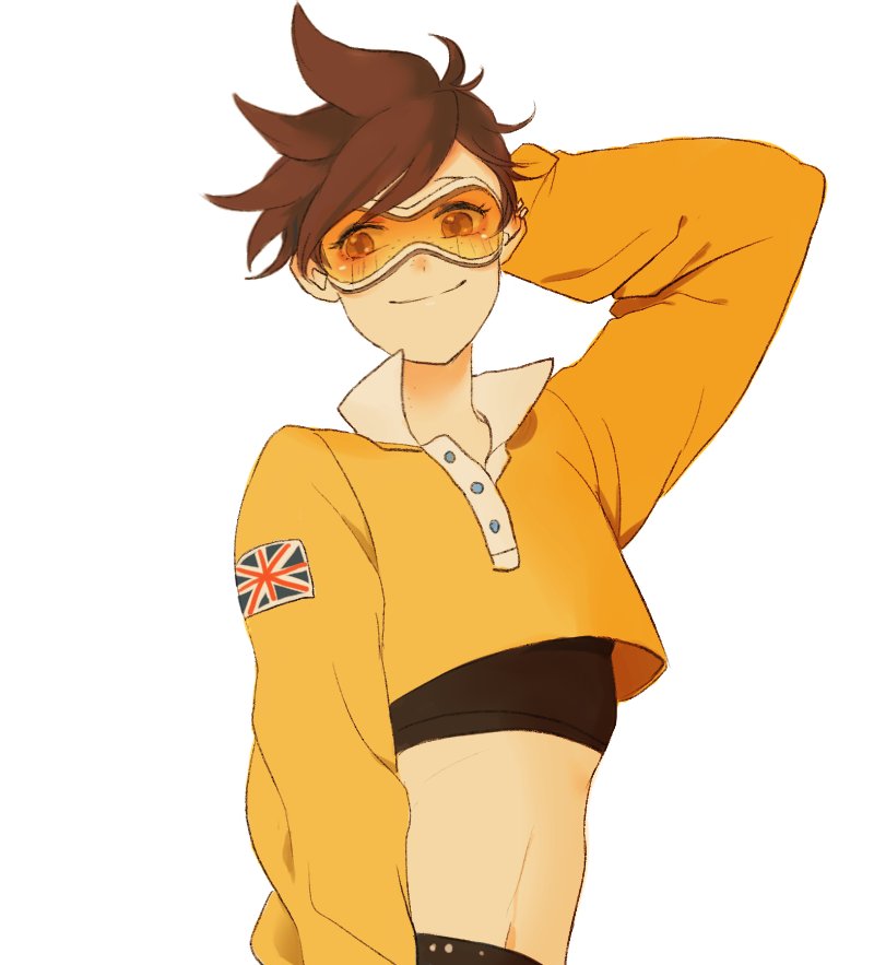 alternate_costume arm_behind_head arm_up bangs black_shorts brown_eyes brown_hair buttons casual closed_mouth crop_top cropped_shirt ear_piercing freckles goggles long_sleeves midriff navel overwatch perio_67 piercing shirt short_hair short_shorts shorts simple_background smile spiky_hair swept_bangs tracer_(overwatch) union_jack upper_body white_background yellow_shirt