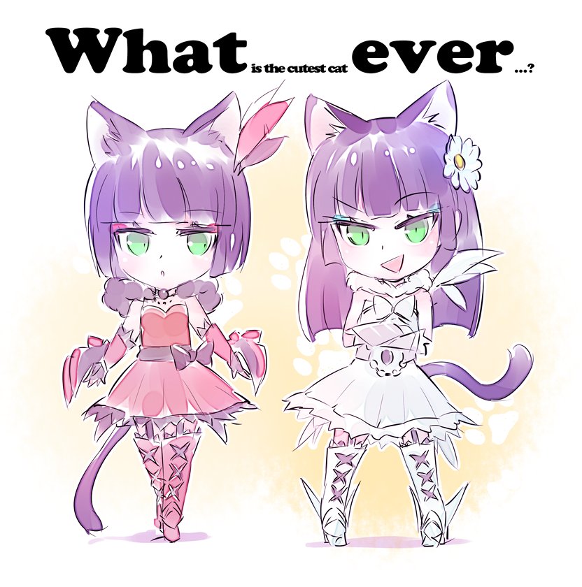 2girls animal_ears boots cat_ears cat_girl cat_tail commentary_request dress english green_eyes iesupa melanie_malachite miltiades_malachite multiple_girls purple_hair red_dress rwby siblings sisters tail twins white_dress