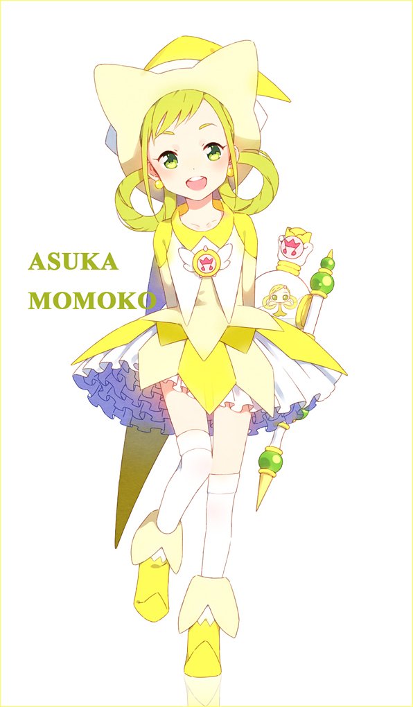 alternate_costume asuka_momoko blonde_hair blush boots earrings green_eyes hair_rings hakusai_(tiahszld) hat jewelry nini_(ojamajo_doremi) ojamajo_doremi open_mouth skirt smile text weapon