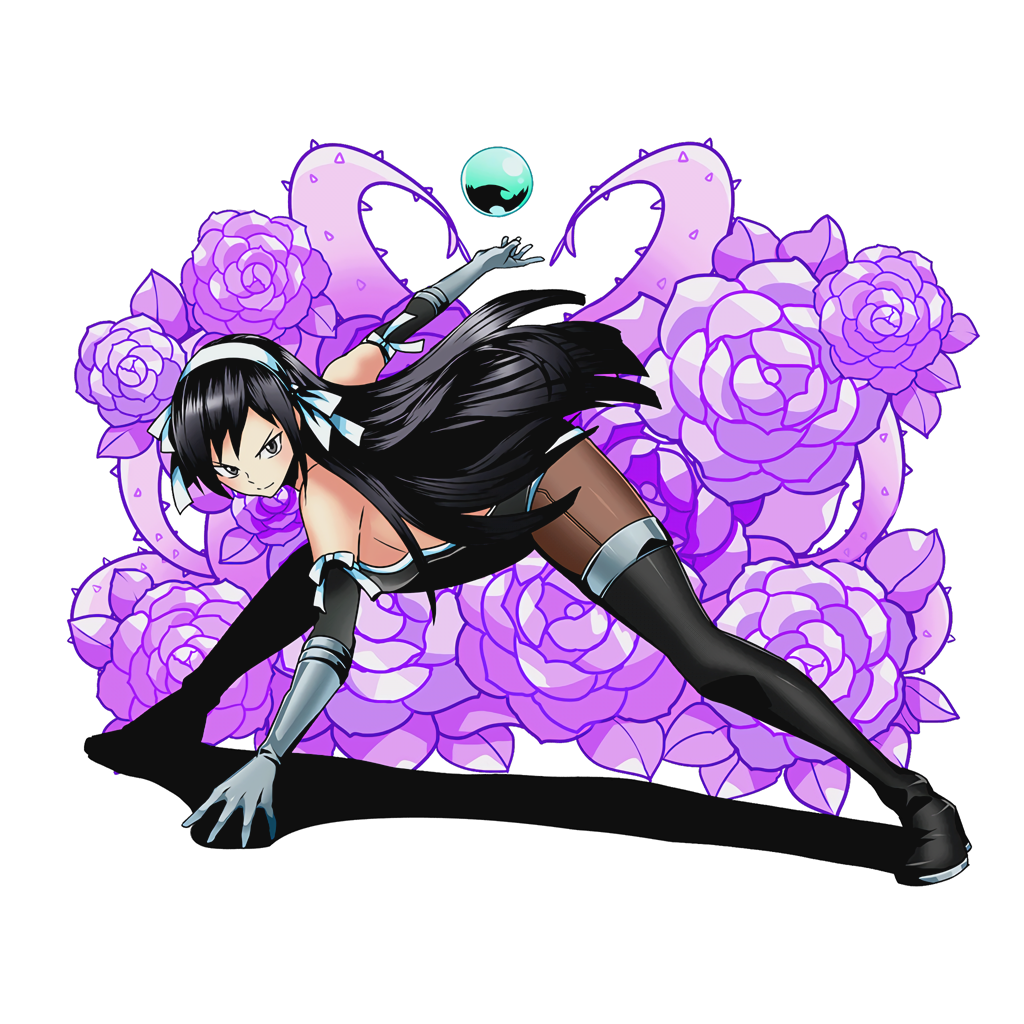 1girl black_boots black_hair black_legwear black_leotard boots breasts brown_eyes detached_sleeves divine_gate elbow_gloves fairy_tail full_body gloves grey_gloves hairband leotard long_hair looking_at_viewer magic medium_breasts official_art pantyhose ribbon solo thigh-highs thigh_boots transparent_background ucmm ultear_milkovich very_long_hair white_hairband white_ribbon