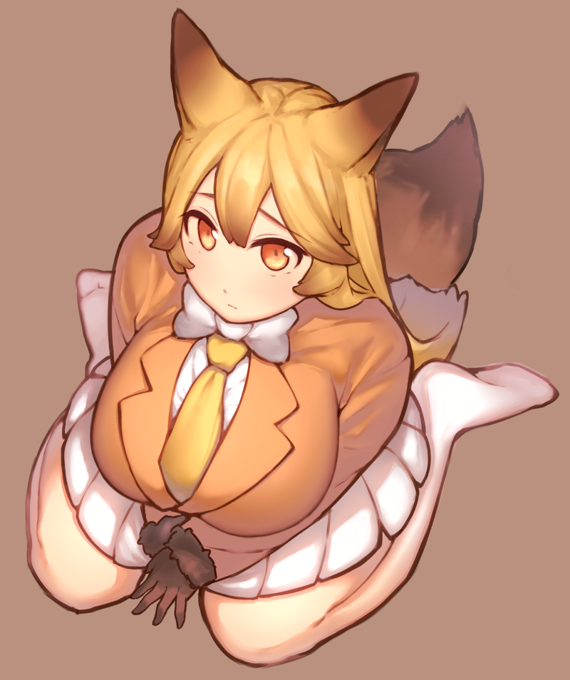 1girl blonde_hair breasts ezo_red_fox_(kemono_friends) fox_girl fox_tail from_above kemono_friends large_breasts long_hair looking_at_viewer mogu_(kanikama_mgmg) necktie orange_eyes red_background simple_background sitting skirt solo tail wariza