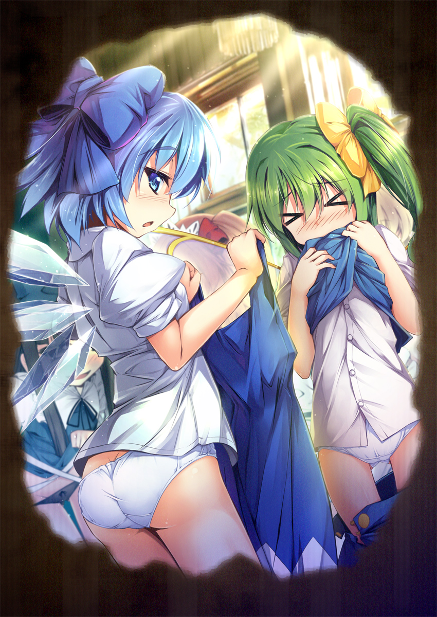 &gt;_&lt; 2girls blue_bow blue_dress blue_eyes blue_hair blue_skirt blush bow buttons chima_q cirno closed_eyes daiyousei dress fairy_wings green_hair hair_bow hair_ribbon highres hole hole_in_wall ice ice_wings indoors looking_at_viewer multiple_girls panties peeking pov profile puffy_short_sleeves puffy_sleeves ribbon shirt short_sleeves side_ponytail skirt sunlight touhou underwear white_panties white_shirt window wings yellow_ribbon