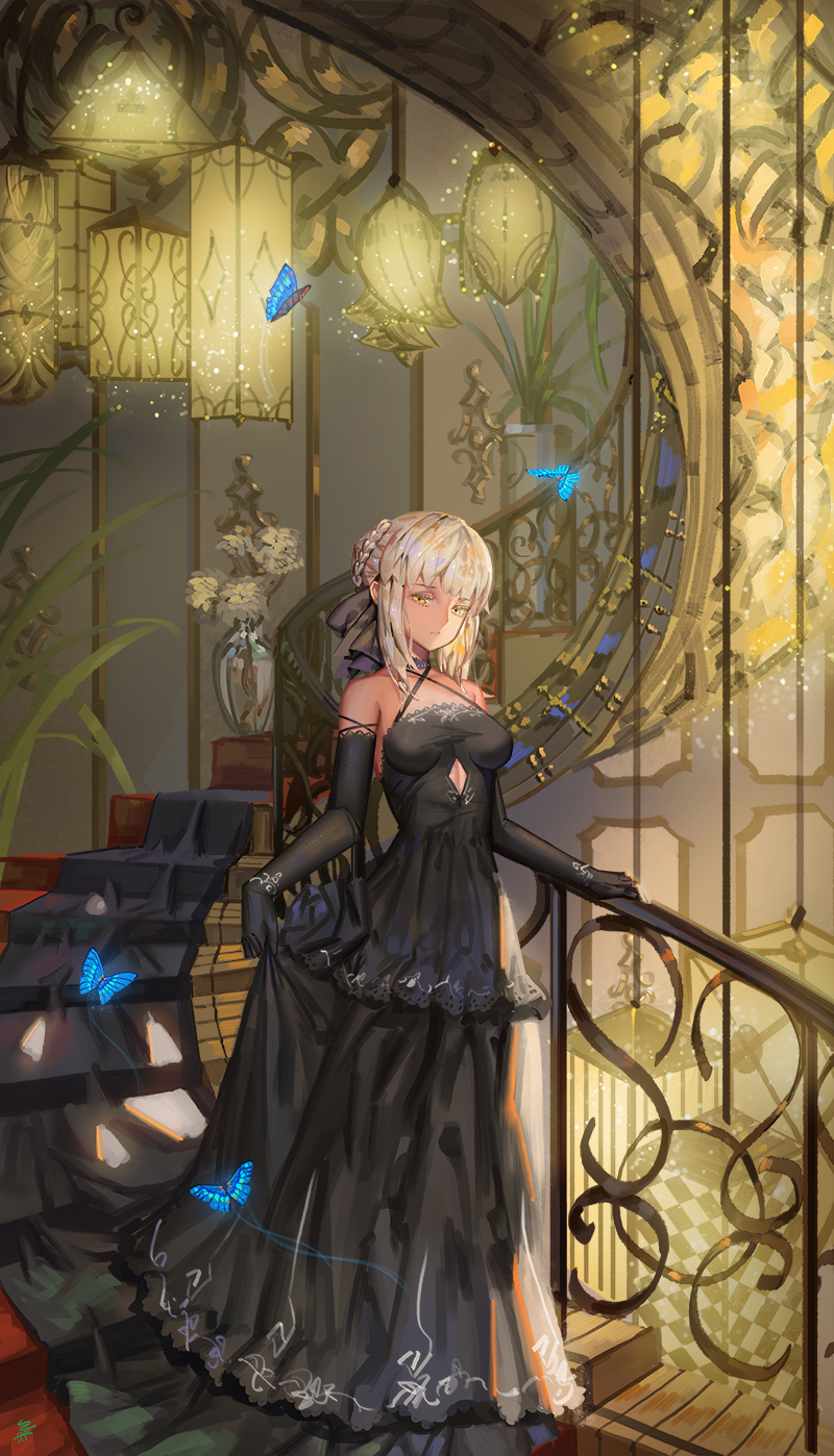 1girl bare_shoulders black_dress black_gloves black_ribbon blonde_hair braid butterfly commentary_request detached_sleeves dress elbow_gloves fate/stay_night fate_(series) flower french_braid gloves hair_ribbon highres long_dress ribbon saber saber_alter short_hair sk_tori skirt_hold solo tagme vase yellow_eyes