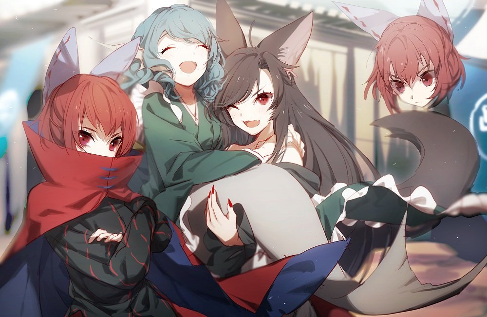 3girls :d ;d ^_^ animal_ears bangs black_hair black_shirt blue_hair blurry bow cape carrying closed_eyes day depth_of_field disembodied_head dress fang fish_tail frills hair_bow head_fins high_collar imaizumi_kagerou japanese_clothes kimono long_sleeves looking_at_viewer mermaid monster_girl multiple_girls nail_polish no-kan off-shoulder_dress off_shoulder one_eye_closed open_mouth princess_carry purple_bow red_eyes red_nails redhead sekibanki shirt smile touhou tsurime upper_body wakasagihime wide_sleeves wolf_ears