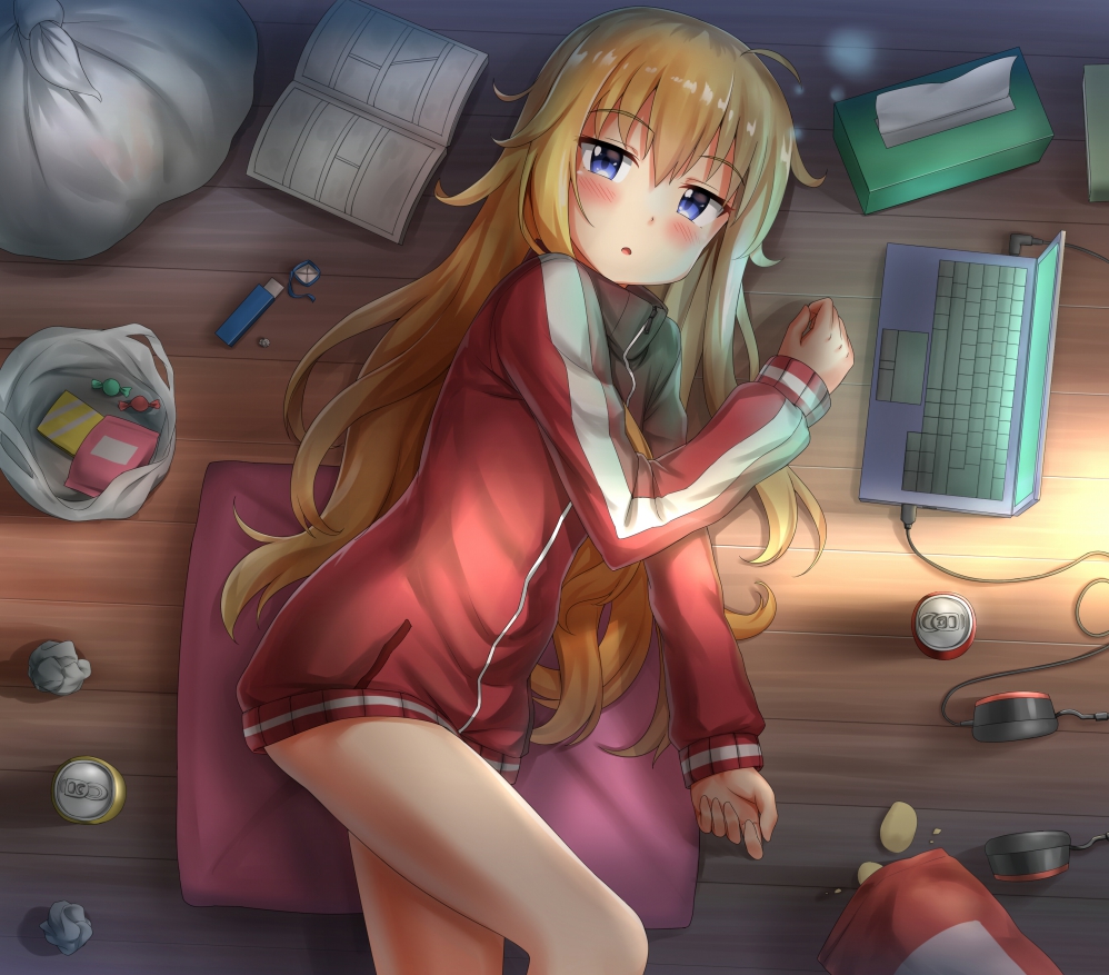 1girl :o bag bag_of_chips bangs blonde_hair blue_eyes blush can chips computer cushion eyebrows_visible_through_hair food from_above gabriel_dropout grocery_bag headphones_removed jacket laptop lighter long_hair long_sleeves looking_at_viewer lying manga_(object) messy_hair nedia_r no_pants on_floor on_side plastic_bag potato_chips shopping_bag sleepy soda_can solo tenma_gabriel_white tissue_box track_jacket used_tissue very_long_hair wooden_floor wrapped_candy