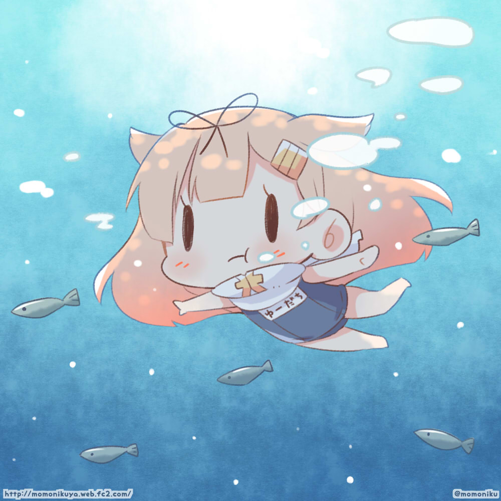 1girl :t alternate_costume black_ribbon blonde_hair chibi fish hair_ornament hair_ribbon hairclip kantai_collection long_hair momoniku_(taretare-13) name_tag outstretched_arms remodel_(kantai_collection) ribbon school_swimsuit solo spread_arms swimsuit twitter_username underwater yuudachi_(kantai_collection)