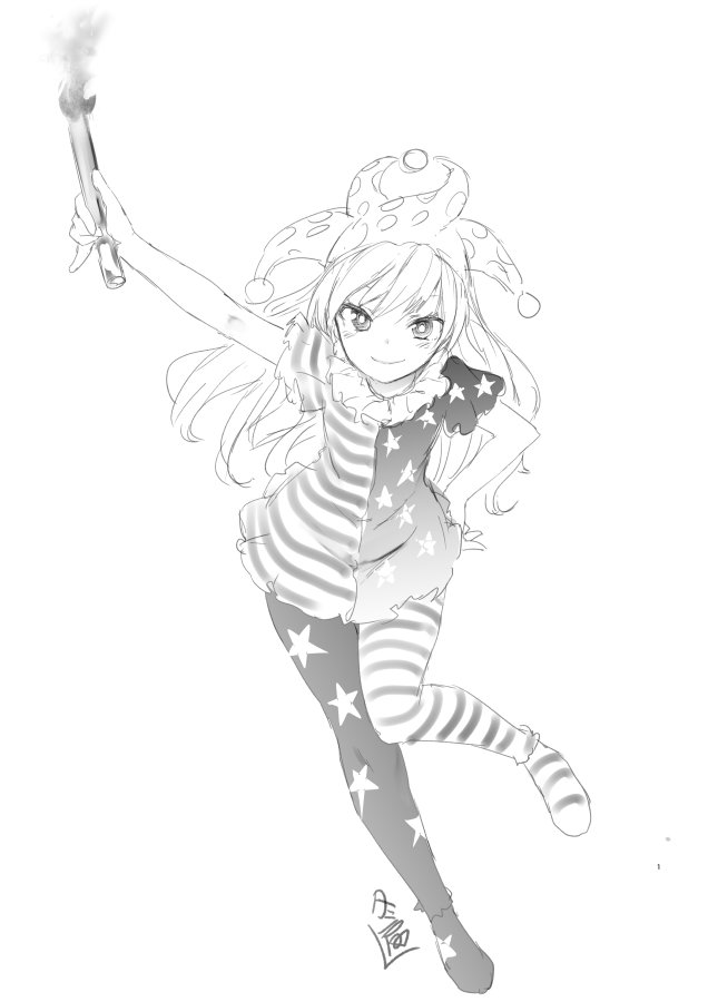1girl american_flag_legwear closed_eyes clownpiece dress fire full_body greyscale hat jester_cap long_hair looking_at_viewer microdress monochrome neck_ruff no_wings pantyhose polka_dot short_sleeves sketch smile solo star star_print striped torch touhou tousen