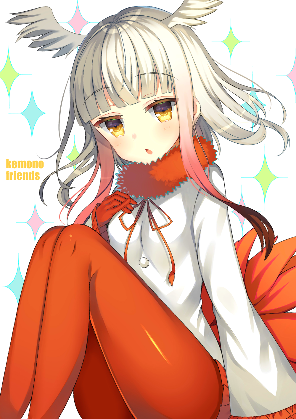 1girl bangs blunt_bangs blush breasts chestnut_mouth copyright_name crested_ibis_(kemono_friends) eyebrows_visible_through_hair fur_collar gloves gradient_hair hand_on_own_chest hand_up head_wings highres impact_(font) kemono_friends knees_up legs_together long_hair looking_at_viewer multicolored_hair nan_(jyomyon) open_mouth pantyhose pleated_skirt red_gloves red_legwear red_skirt redhead silver_hair sitting skirt small_breasts solo sparkle tail white_background white_hair yellow_eyes