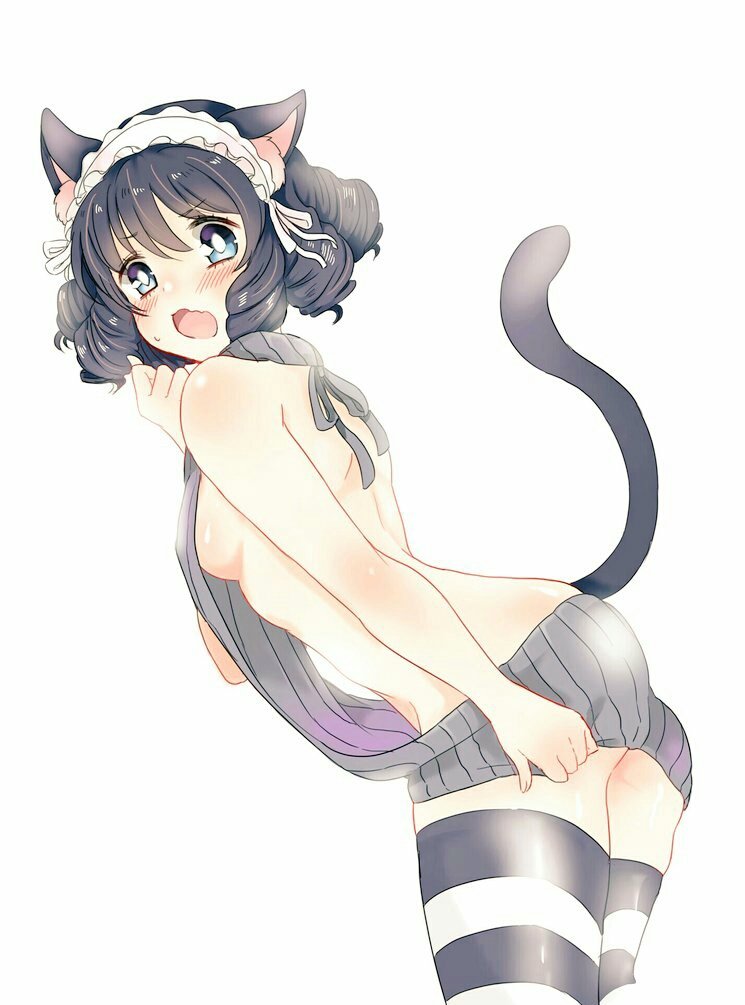 1girl animal_ears artist_request back black_hair blue_eyes breasts cat_ears cat_tail curly_hair cyan_(show_by_rock!!) embarrassed jpeg_artifacts looking_back maid_headdress meme_attire open_mouth oversized_clothes show_by_rock!! sideboob simple_background solo striped striped_legwear tail thigh-highs virgin_killer_sweater wavy_mouth white_background