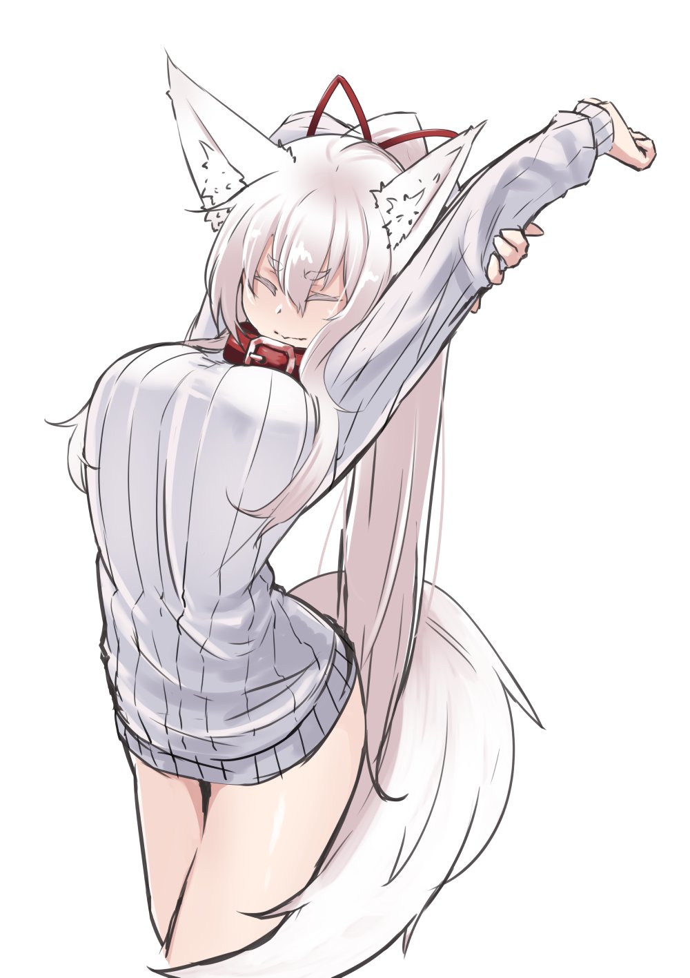1girl animal_ears arms_up breasts closed_eyes collar cropped_legs fox_ears fox_tail hair_ribbon highres large_breasts long_hair long_sleeves original ponytail ribbed_sweater ribbon sakura_inu simple_background sketch solo stretch sweater tail very_long_hair white_background white_hair white_sweater