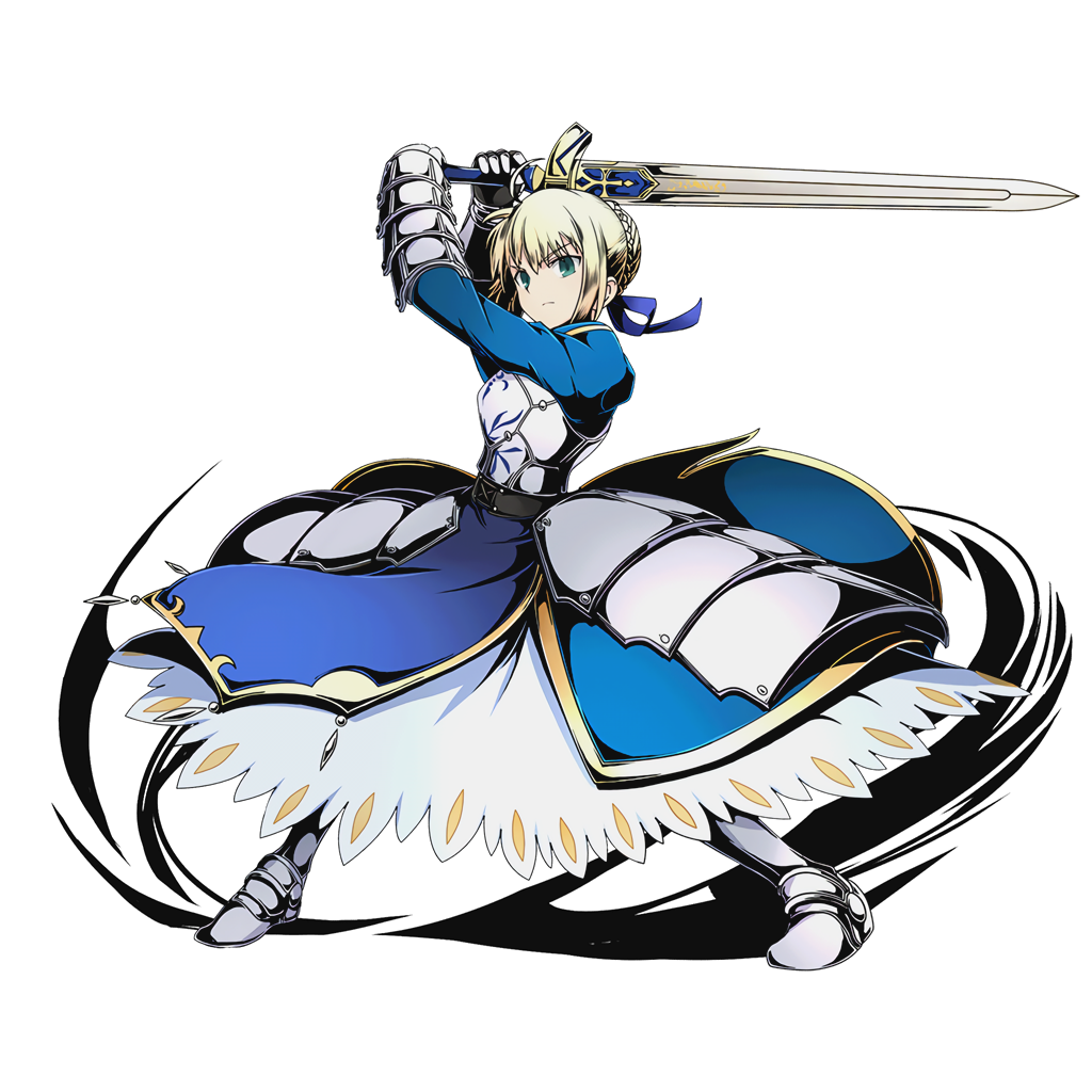 1girl armor armored_boots armored_dress arms_up blonde_hair blue_ribbon boots divine_gate eyebrows_visible_through_hair fate/stay_night fate_(series) full_body green_eyes hair_ribbon holding holding_sword holding_weapon official_art ribbon saber shadow short_hair sidelocks solo sword transparent_background ucmm weapon