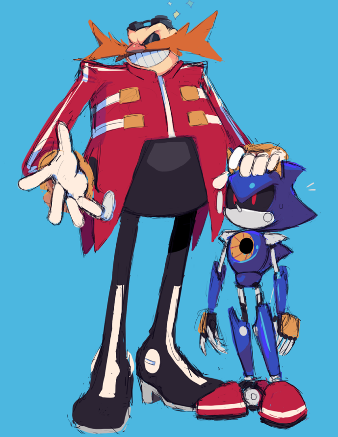 2boys animal_ears bald black_footwear black_pants black_sclera blue_armor blue_background blue_fur boots colored_sclera dr._eggman english_commentary eyewear_on_head facial_hair fake_animal_ears fake_claws full_body glasses gloves hand_on_another's_head hands_up hedgehog hedgehog_ears jacket long_sleeves looking_at_another looking_to_the_side looking_up male_focus metal_sonic motobug multiple_boys mustache no_mouth pants pointy_nose red_eyes red_jacket robot round_eyewear simple_background smile sonic_(series) standing star_(symbol) sweat sweatdrop teeth white_gloves