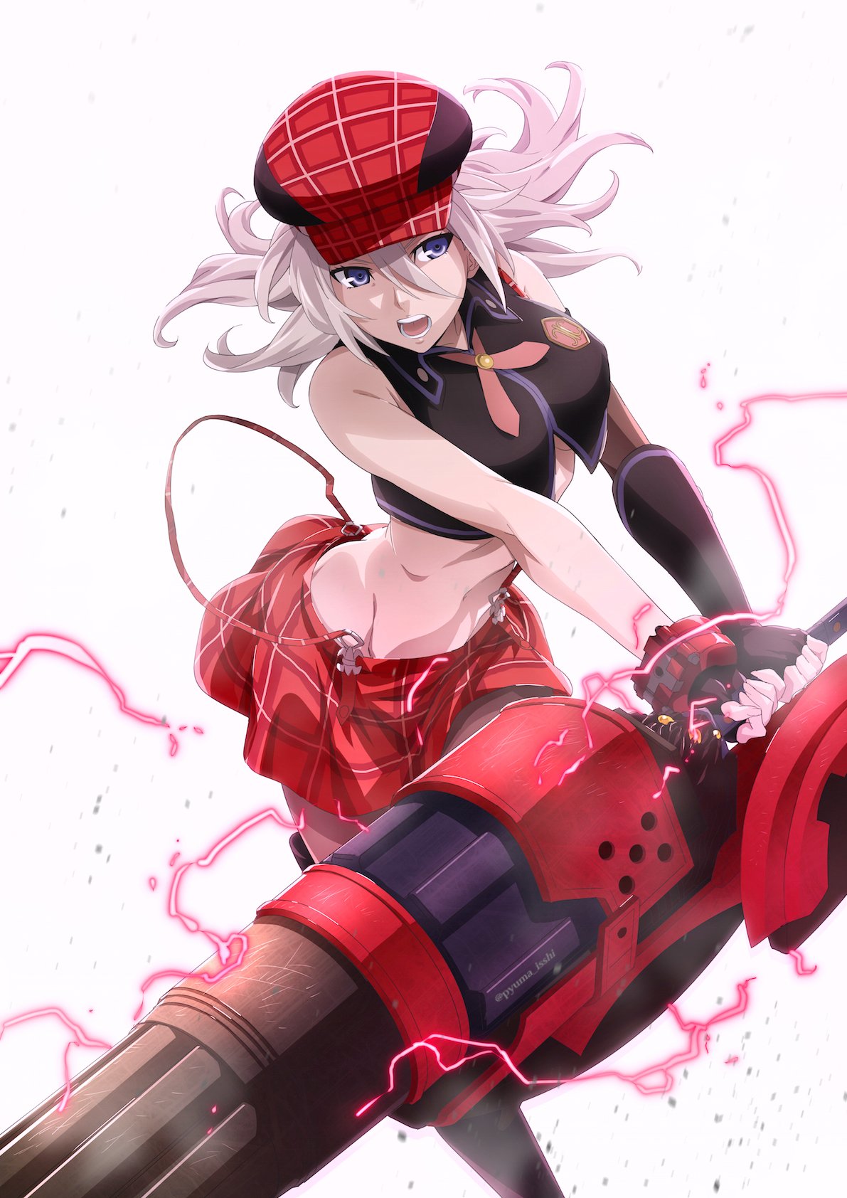 1girl alisa_ilinichina_amiella blue_eyes breasts elbow_gloves fingerless_gloves gloves god_eater hat highres holding holding_weapon long_hair open_mouth puma_(hyuma1219) silver_hair simple_background skirt sleeveless solo suspender_skirt suspenders weapon white_background