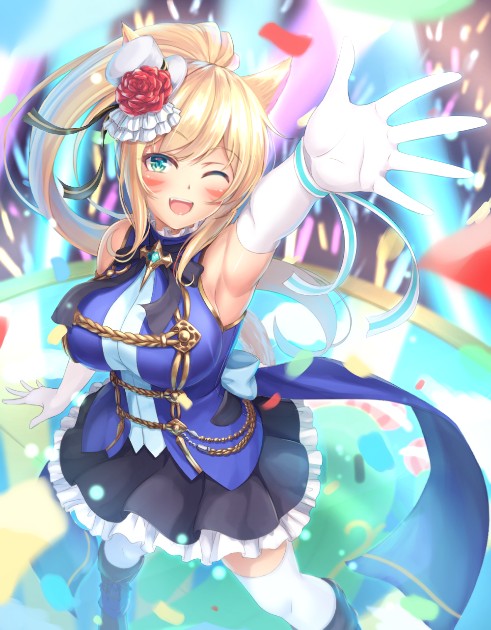 1girl animal_ears blonde_hair blue_eyes blush cat_ears cat_tail facial_mark final_fantasy final_fantasy_xiv gloves hat highres idol long_hair looking_at_viewer mini_hat mini_top_hat miqo'te one_eye_closed ponytail sleeveless solo tail thigh-highs tiphereth top_hat