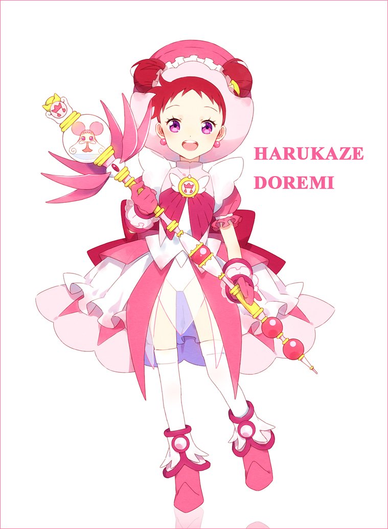 1girl alternate_costume blush boots dodo_(ojamajo_doremi) hakusai_(tiahszld) harukaze_doremi hat ojamajo_doremi open_mouth pink_hat redhead smile solo staff text weapon