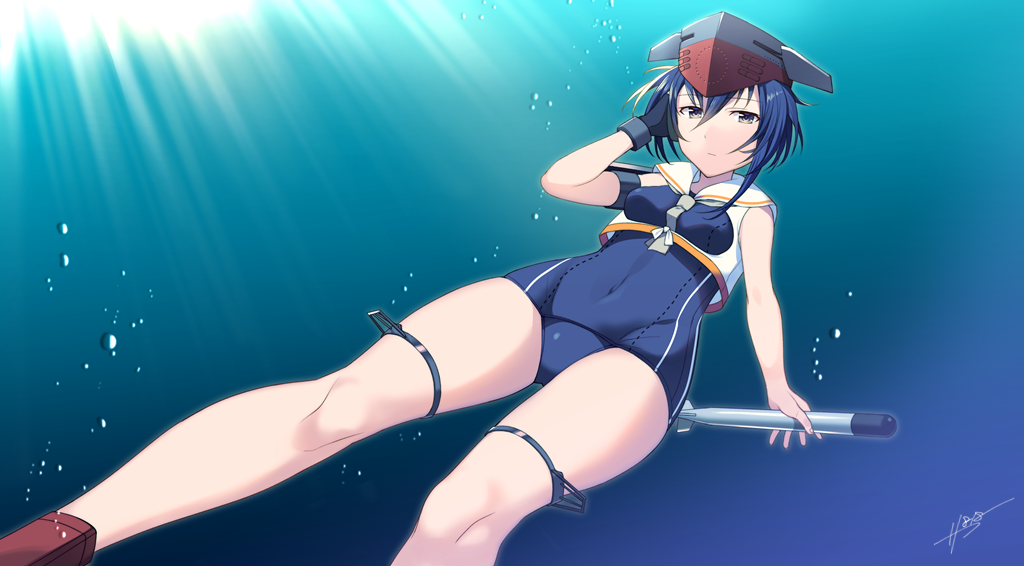1girl asymmetrical_hair bare_shoulders black_hair blue_swimsuit brown_eyes framed_breasts freediving gloves hair_between_eyes hat headphones i-13_(kantai_collection) kantai_collection looking_at_viewer partly_fingerless_gloves sahuyaiya sailor_collar school_swimsuit short_hair signature single_glove solo swimsuit torpedo underwater