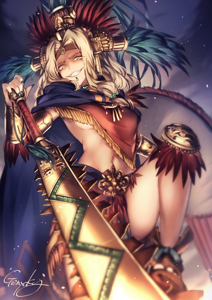 1girl blonde_hair bracer breasts cape fate/grand_order fate_(series) green_eyes green_nails grin headwear holding holding_weapon kyouya_(mukuro238) long_hair looking_at_viewer nail_polish navel quetzalcoatl_(fate/grand_order) sharp_teeth smile solo sword teeth under_boob weapon