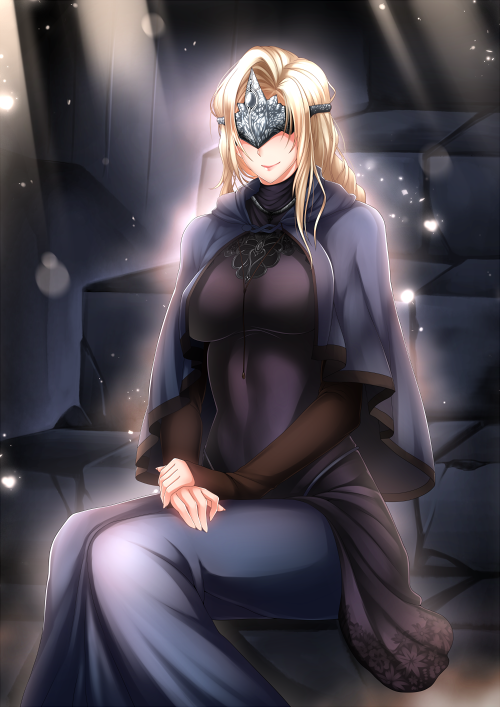 1girl black_dress blindfold blonde_hair blush breasts cape closed_mouth covered_eyes dark_souls_iii domino_mask dress fire_keeper large_breasts light_particles long_hair long_sleeves looking_at_viewer mask megatama sitting sitting_on_stairs skin_tight smile solo souls_(from_software) stairs sunlight