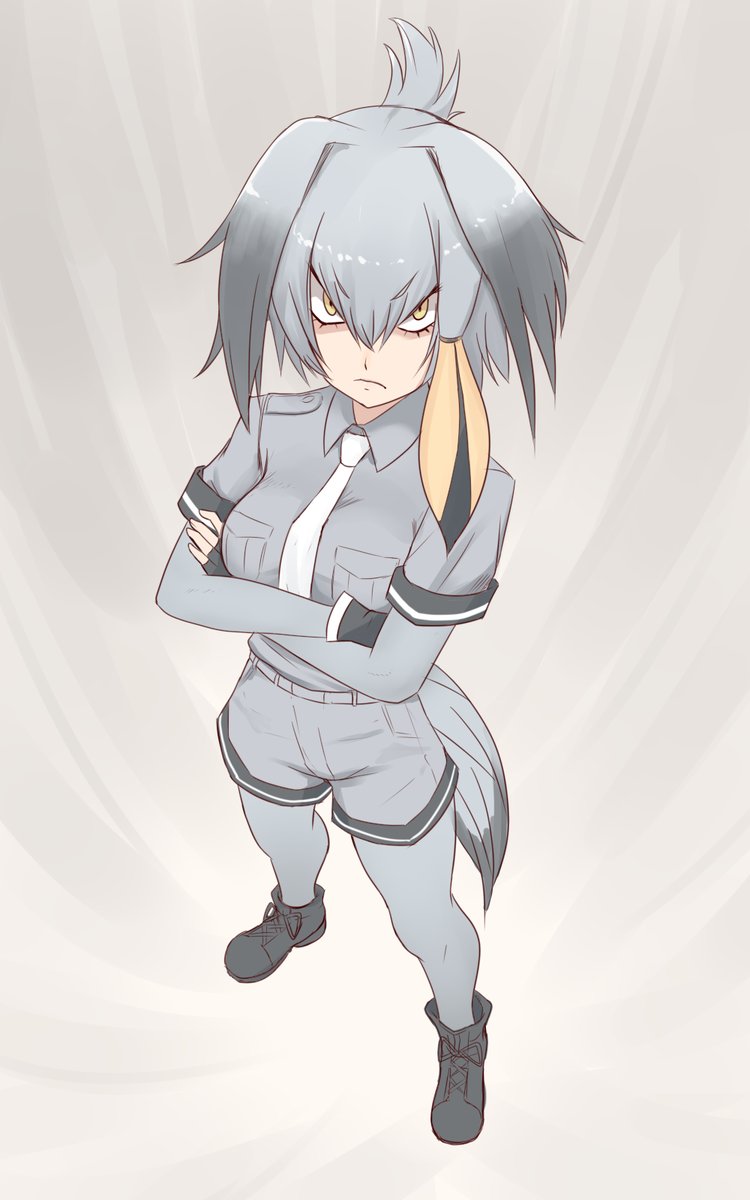 &gt;:( 1girl black_hair boots crossed_arms fingerless_gloves gloves grey_hair grey_shirt head_wings highres kemono_friends leggings looking_at_viewer multicolored_hair necktie shirt shoebill_(kemono_friends) shorts solo tail unpale yellow_eyes