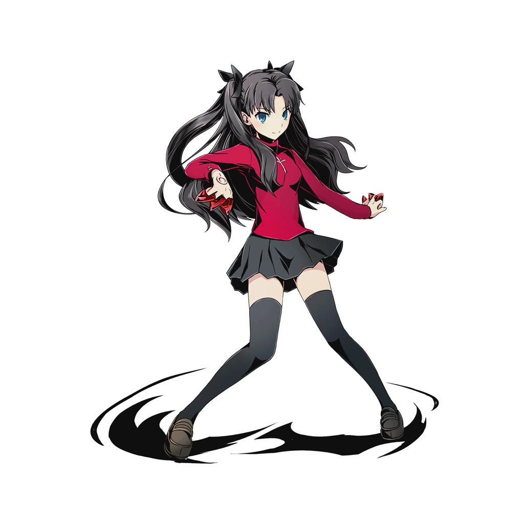 1girl black_eyes black_hair black_legwear black_skirt blue_eyes breasts divine_gate fate/stay_night fate_(series) full_body hair_ribbon holding long_hair looking_at_viewer medium_breasts official_art pleated_skirt red_shirt ribbon shadow shirt skirt smile solo tattoo thigh-highs tohsaka_rin transparent_background two_side_up ucmm very_long_hair zettai_ryouiki