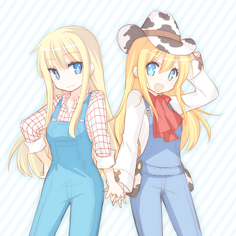 2girls animal_print blonde_hair blue_eyes claire_(harvest_moon) cow_print cowboy_hat hand_holding harvest_moon harvest_moon:_a_new_beginning hat long_hair multiple_girls nocana open_mouth overalls rio_(harvest_moon) smile