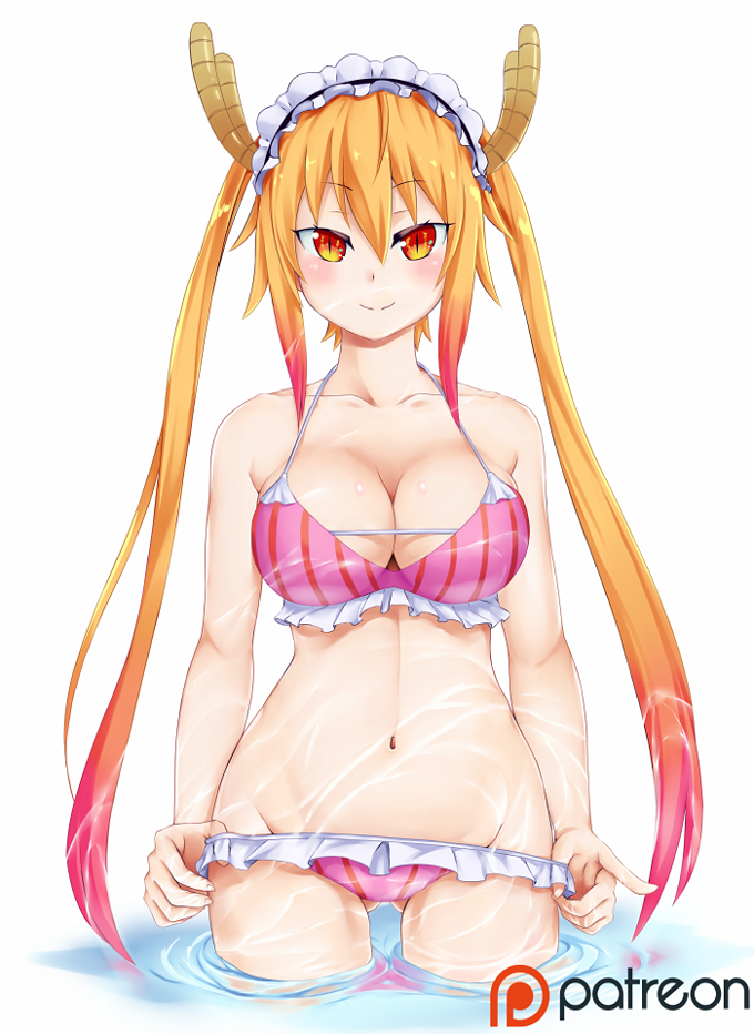 1girl bangs bare_arms bare_shoulders bikini bikini_pull blonde_hair breasts cleavage closed_mouth collarbone cowboy_shot dragon_girl dragon_horns frilled_bikini frills gluteal_fold gradient gradient_eyes gradient_hair groin hair_between_eyes horns index_finger_raised kobayashi-san_chi_no_maidragon large_breasts long_hair looking_at_viewer maid_headdress midriff multicolored multicolored_eyes multicolored_hair orange_eyes orange_hair partially_submerged patreon pointing pulled_by_self redhead rixch sidelocks slit_pupils smile solo stomach strap_gap striped striped_bikini swimsuit tooru_(maidragon) twintails vertical-striped_bikini vertical_stripes water yellow_eyes