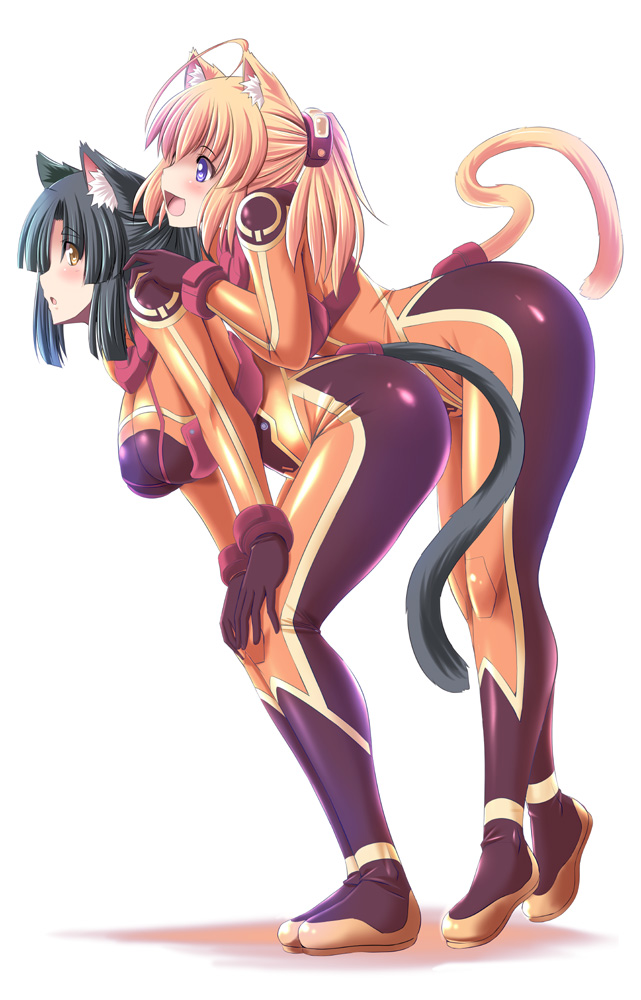 2girls :d :o ahoge animal_ears bangs bent_over black_hair blonde_hair blue_gloves blush breasts brown_eyes cat_ears cat_tail eyebrows_visible_through_hair from_side full_body gloves hair_ornament hands_on_another's_shoulders hands_on_own_knees hanging_breasts large_breasts long_hair looking_afar looking_at_viewer looking_to_the_side multiple_girls open_mouth original ponytail shiny shiny_clothes sidelocks simple_background skin_tight smile standing tail tareme tonpuu violet_eyes white_background