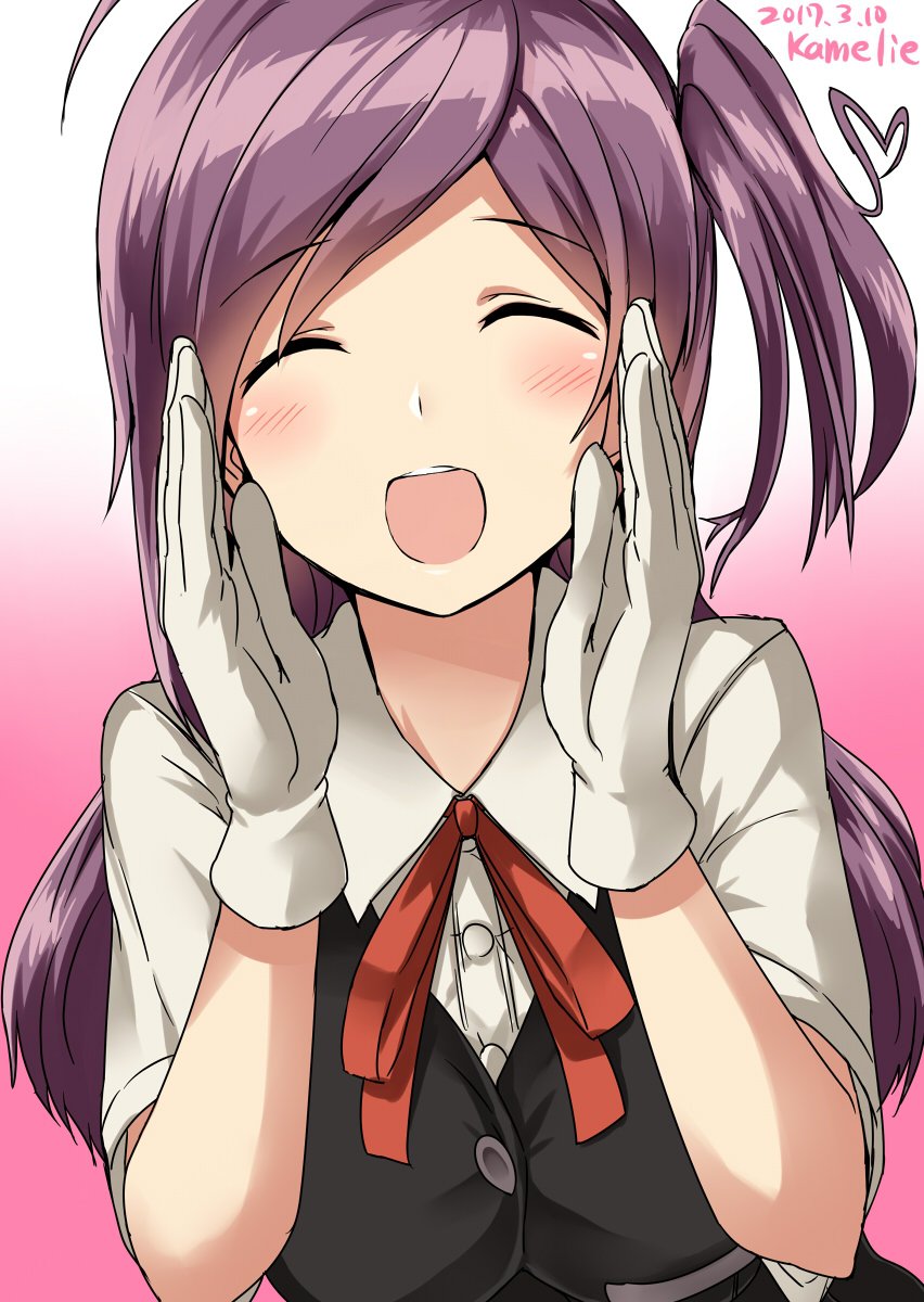 1girl ahoge artist_name black_vest blush buttons closed_eyes collar dated eyebrows_visible_through_hair gloves gradient gradient_background hagikaze_(kantai_collection) heart_ahoge highres kamelie kantai_collection long_hair looking_at_viewer open_mouth pink_background purple_hair short_sleeves side_ponytail solo teeth vest white_gloves