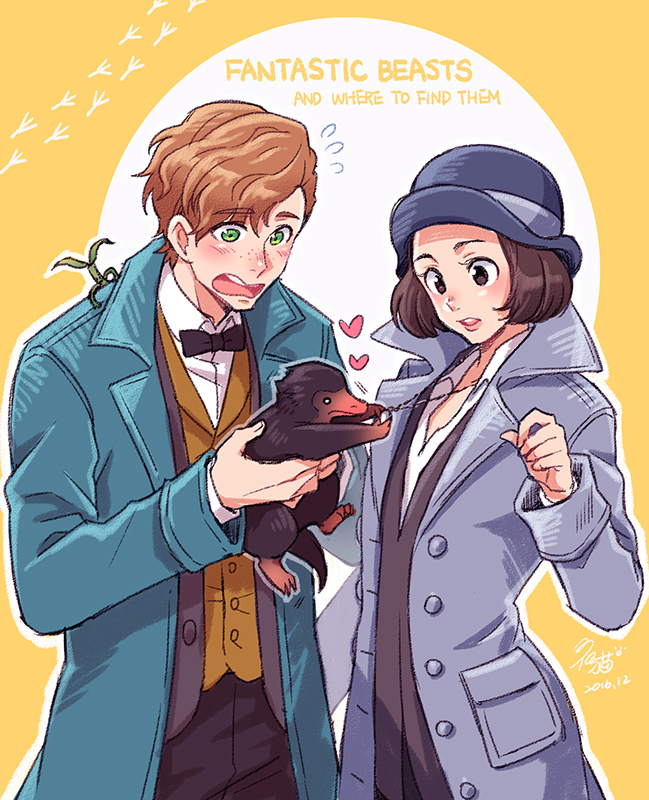 1boy 1girl artist_name blush bow bowtie bowtruckle brown_hair coat copyright_name dated fantastic_beasts_and_where_to_find_them freckles green_eyes hat heart jewelry leaf necklace newt_scamander niffler nightcat open_mouth porpentina_goldstein teeth yellow_background