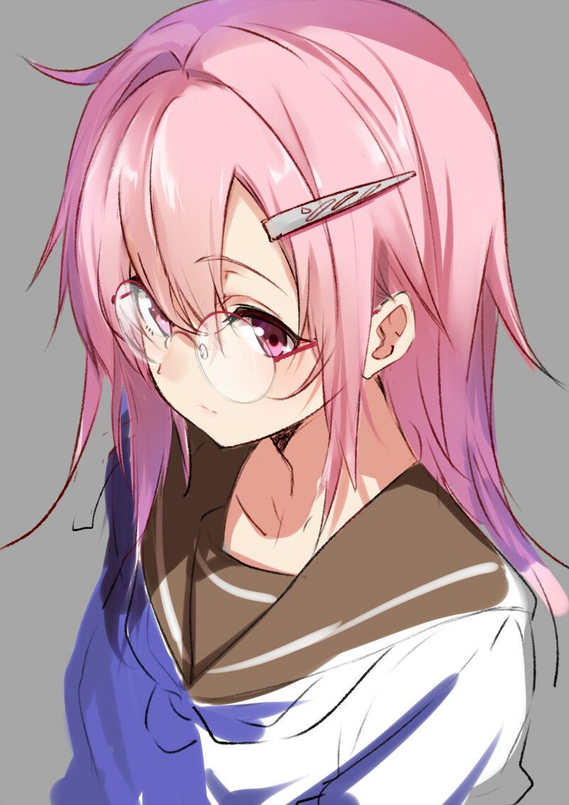 1girl from_side glasses hair_between_eyes hair_ornament hairclip isshiki_(ffmania7) long_hair looking_at_viewer original pink_eyes pink_hair rimless_glasses school_uniform serafuku sketch