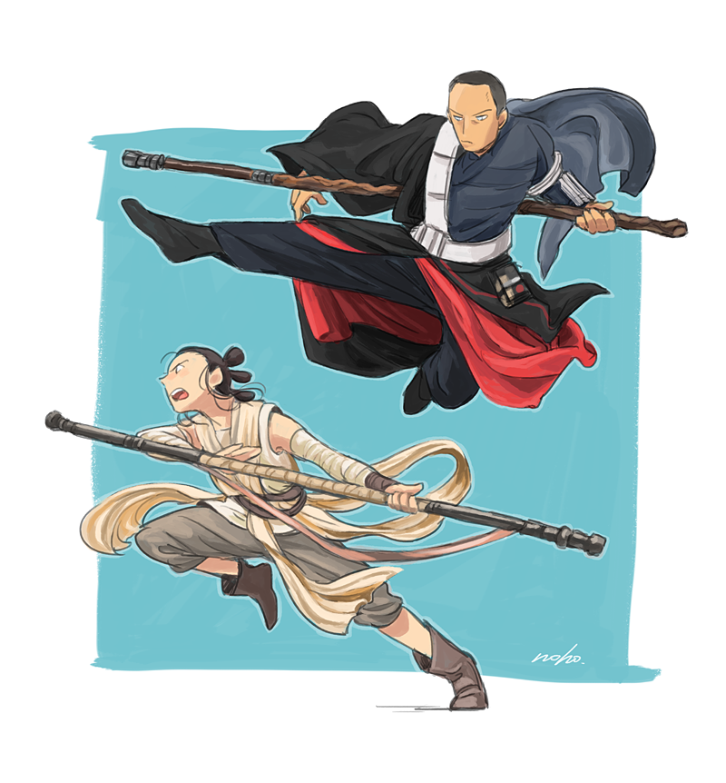 1boy 1girl angry battle blind chirrut jumping matsuri6373 rey_(star_wars) rogue_one:_a_star_wars_story running science_fiction serious shouting signature sketch staff star_wars star_wars:_the_force_awakens tunic