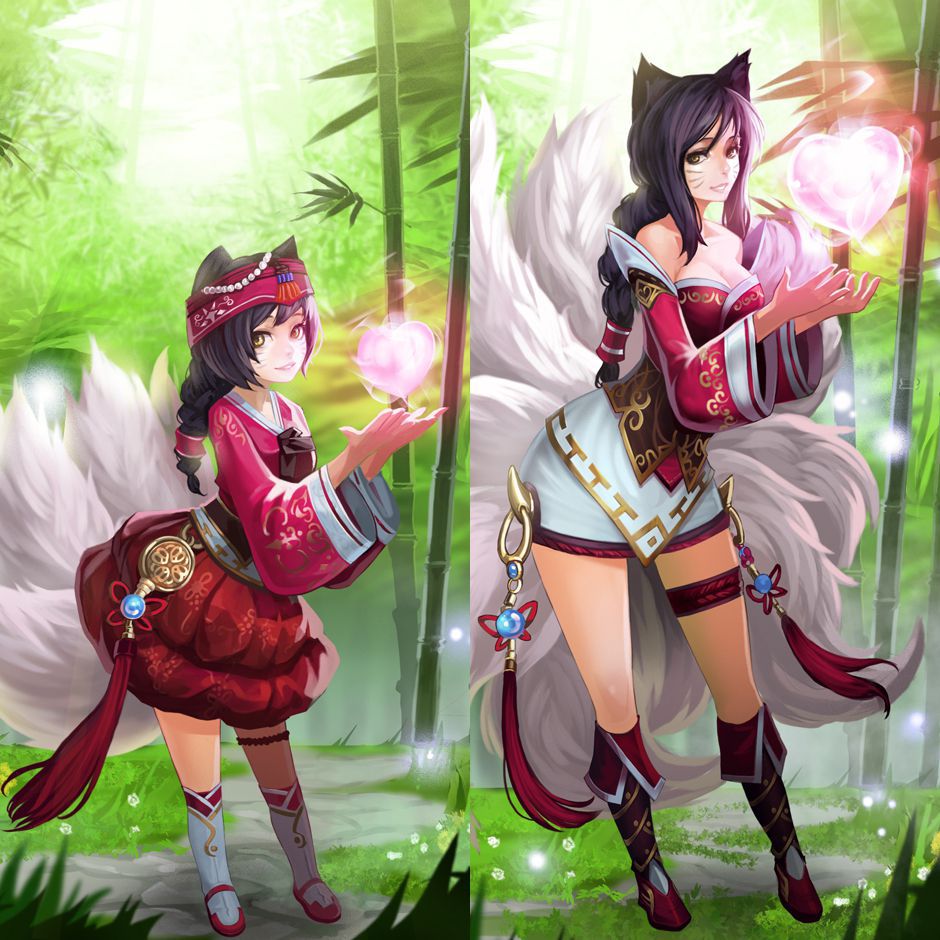 1girl ahri alternate_costume animal_ears bare_shoulders black_hair breasts cleavage detached_sleeves facial_mark fox_ears fox_tail heart korean_clothes league_of_legends lips long_hair looking_at_viewer multiple_tails parted_lips slit_pupils smile solo standing tail whisker_markings yellow_eyes younger