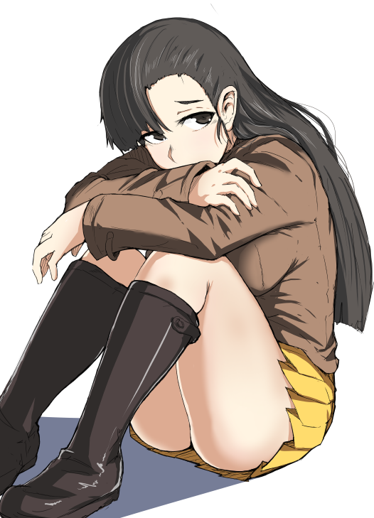 1girl asymmetrical_hair black_boots boots breasts brown_eyes brown_hair girls_und_panzer jacket knee_boots knees_to_chest large_breasts leg_hug looking_to_the_side nexas nishi_kinuyo solo thighs white_background