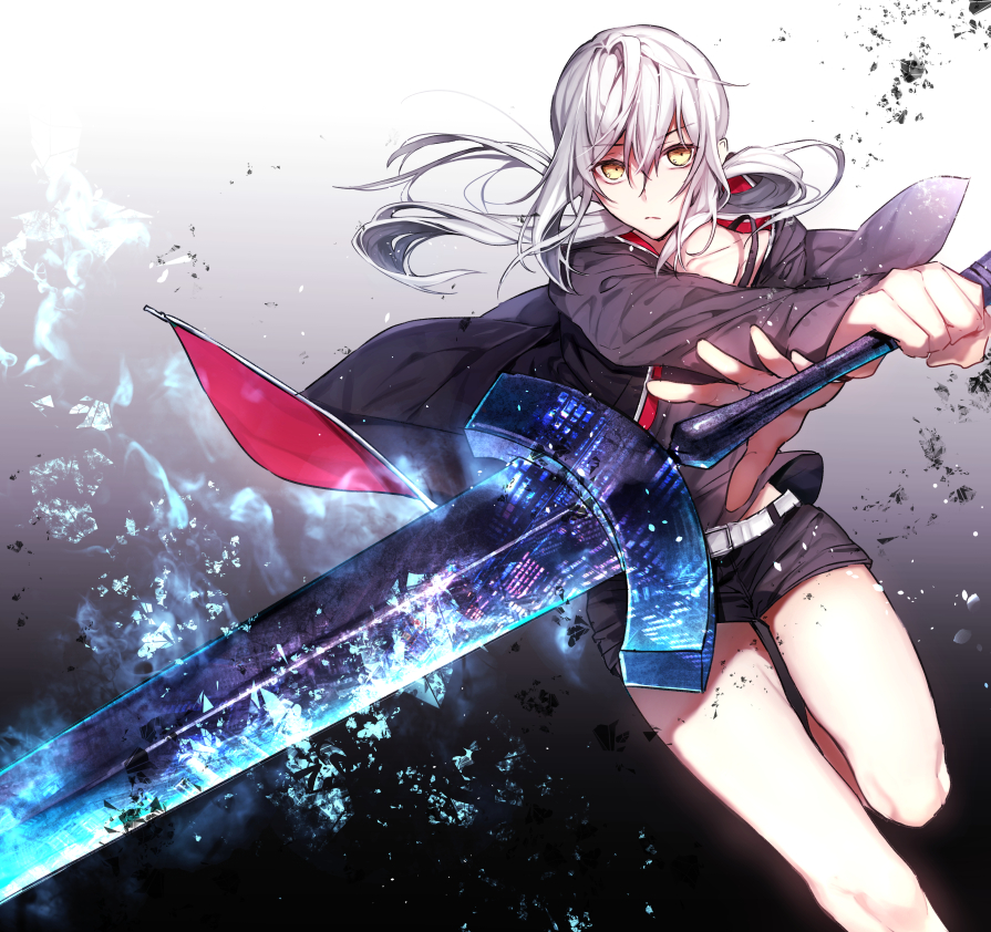 &gt;:( 1girl chemise closed_mouth collarbone dark_excalibur fate/grand_order fate_(series) floating_hair holding holding_sword holding_weapon hood hood_down hoodie long_hair long_sleeves looking_at_viewer low_ponytail open_clothes open_hoodie rakugakiii reverse_grip saber saber_alter short_shorts shorts silver_hair solo sword weapon yellow_eyes