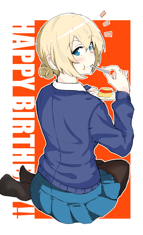 1girl :t black_legwear blonde_hair blue_eyes blue_sweater blush darjeeling eating english food food_on_face from_behind girls_und_panzer happy_birthday looking_at_viewer looking_back nexas outside_border pantyhose sitting solo sweater white_border yokozuwari